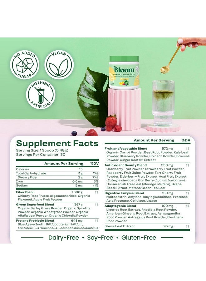 Bloom Nutrition مسحوق الخضار الخارقة ومزيج العصائر والبروبيوتيك لصحة الجهاز الهضمي وتخفيف الانتفاخات لدى النساء والإنزيمات الهضمية مع الأطعمة الخارقة والسبيرولينا والكلوريلا لصحة الأمعاء (الحمضيات) - Image 5