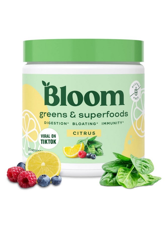 Bloom Nutrition مسحوق الخضار الخارقة ومزيج العصائر والبروبيوتيك لصحة الجهاز الهضمي وتخفيف الانتفاخات لدى النساء والإنزيمات الهضمية مع الأطعمة الخارقة والسبيرولينا والكلوريلا لصحة الأمعاء (الحمضيات) - Image 1
