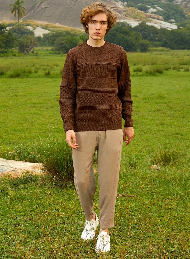 Campus Sutra Men's Umber Brown Textured-Knit Pullover Sweater
