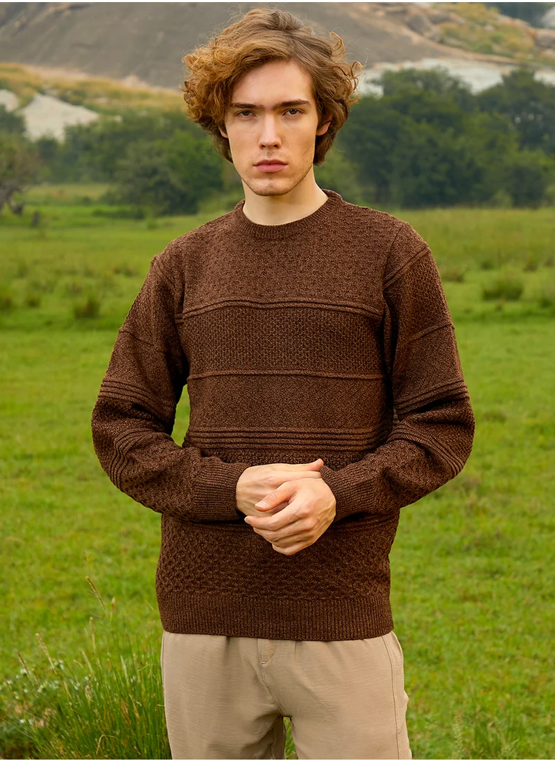 Campus Sutra Men's Umber Brown Textured-Knit Pullover Sweater