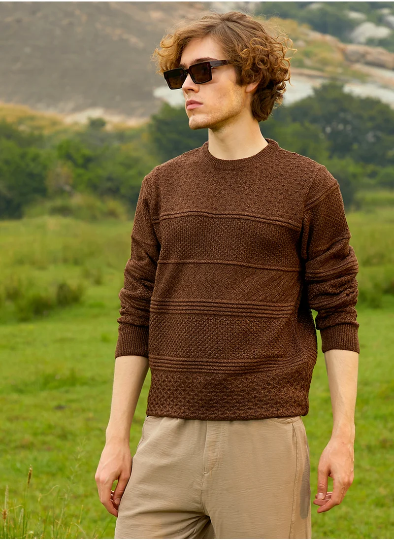 Campus Sutra Men's Umber Brown Textured-Knit Pullover Sweater