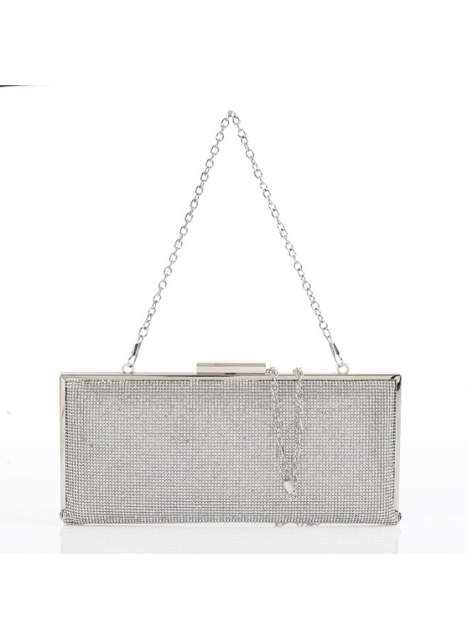Mr.Joe Glamorous Silver Rhinestone Hardcase Clutch with Chain Straps -4167 - Image 1