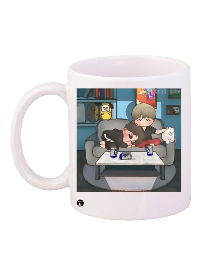 RYN Cartoon Printed Coffee Mug White/Grey/Blue 11ounce