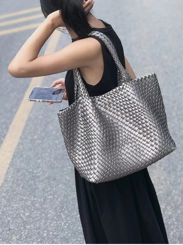 High-Class Large-Capacity Hand-Woven Bag Tote Bag One-Shoulder Bucket Bag Vegetable Basket Bag Tide - Image 3