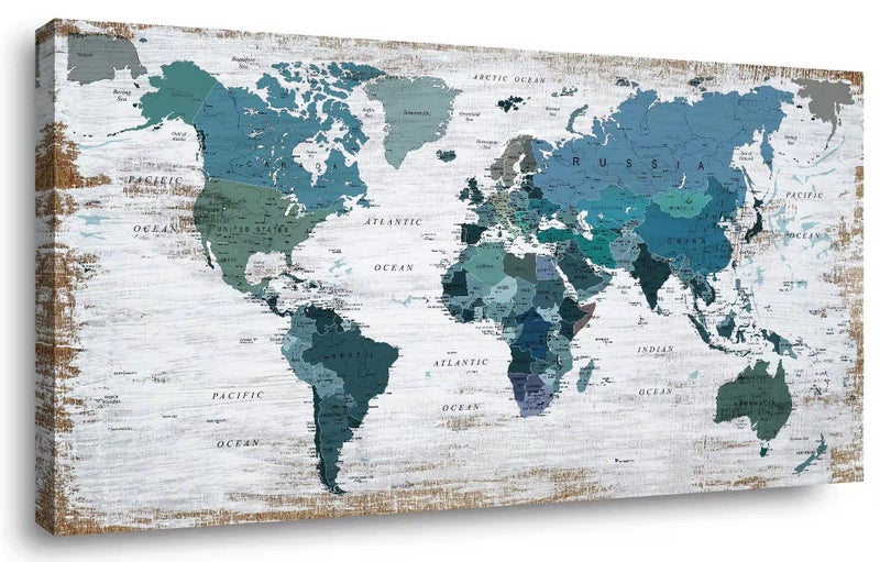 ZEYDRT Teal Decor World Map Canvas Wall Art Pictures for Living Room Decoration Blue Wall Decor Office World Map Art Map of the world Picture Framed Artwork for Home Bedroom Decoration 20x40 