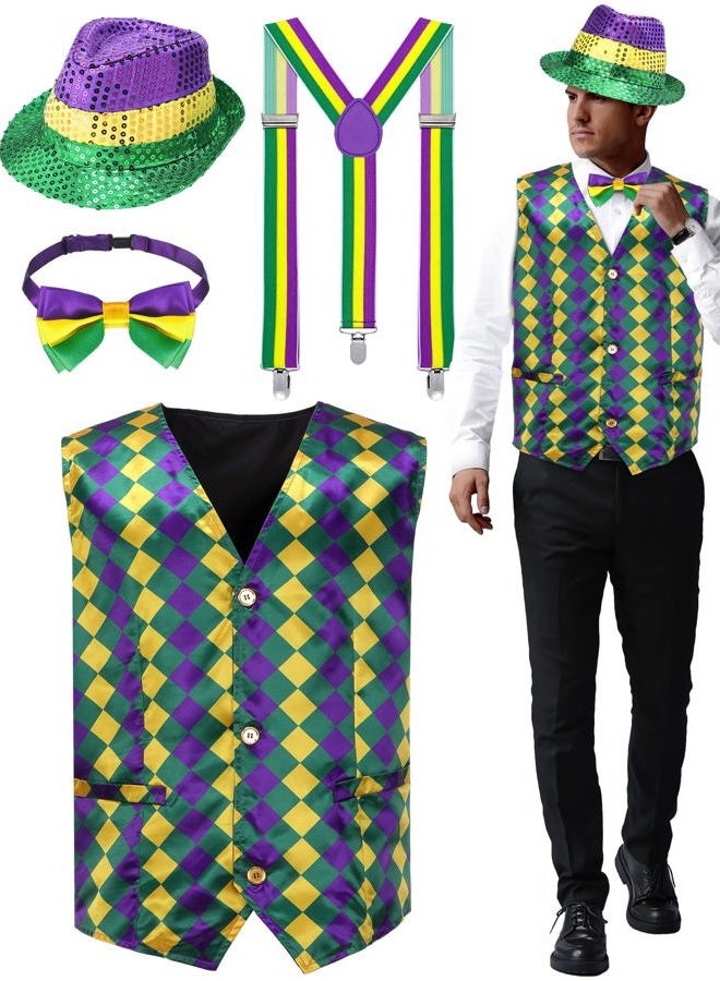 ShinyMatch 4 Pcs Mardi Gras Men's Vest Set Adult Suspenders Sequin Hat Bow Tie Accessory Set for Mardi Gras Carnival Parade - Image 1