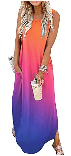 CHUNTIANRAN Women's 2024 Casual Loose Sundress Maxi Dress Sleeveless Summer Beach Long Dresses Vacation T Shirts Dress with Pockets(H-Gradient6,XL) - Image 2