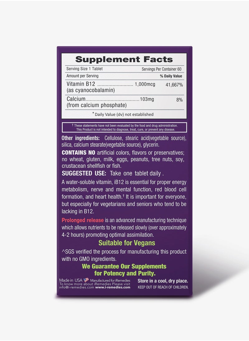 iRemedies iRemedies iB12 1000mcg PR - Prolonged-Release Vitamin B12 for Energy, Nerve Health, and Red Blood Cell Support - 60 Tablets  - Image 4
