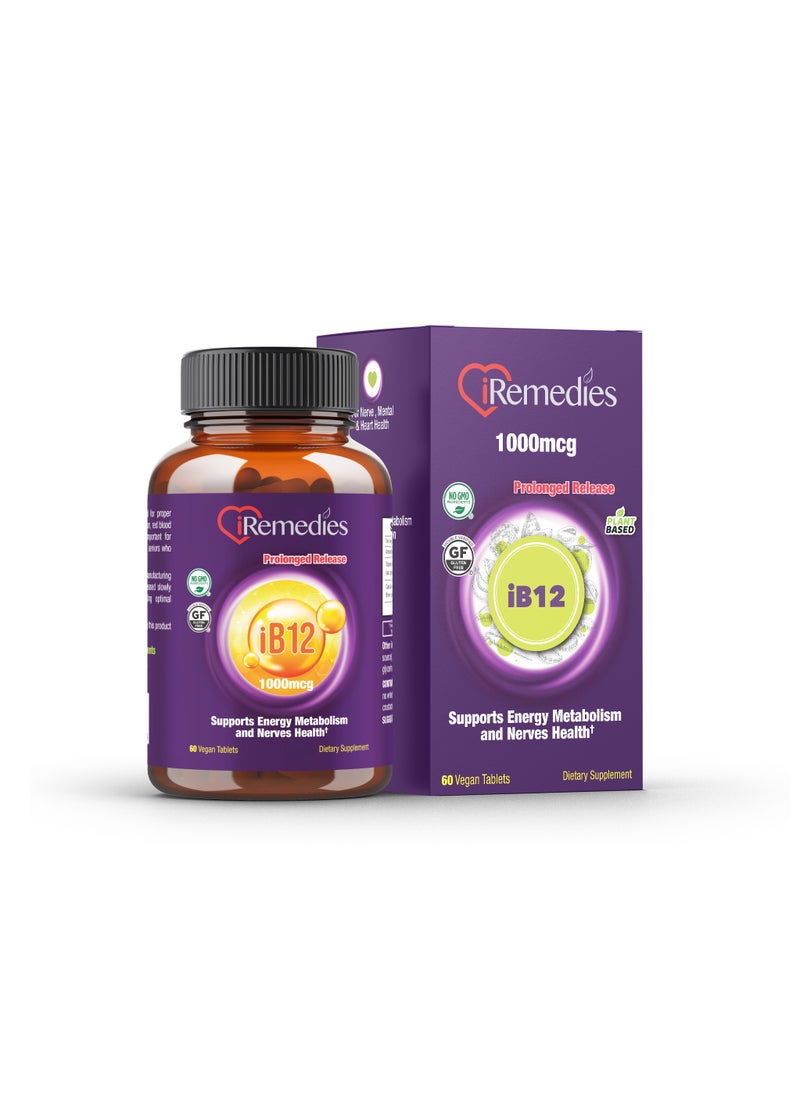 iRemedies iRemedies iB12 1000mcg PR - Prolonged-Release Vitamin B12 for Energy, Nerve Health, and Red Blood Cell Support - 60 Tablets  - Image 1