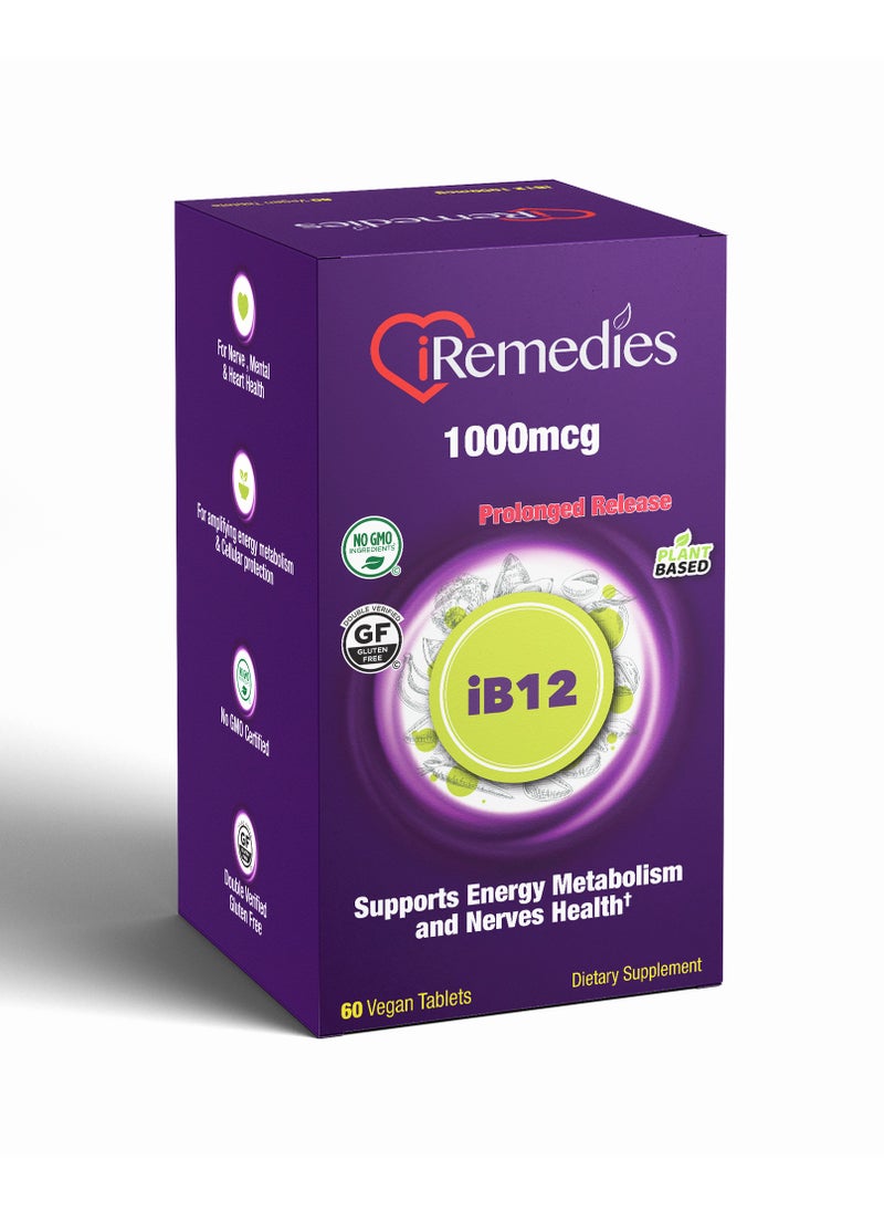 iRemedies iRemedies iB12 1000mcg PR - Prolonged-Release Vitamin B12 for Energy, Nerve Health, and Red Blood Cell Support - 60 Tablets  - Image 2