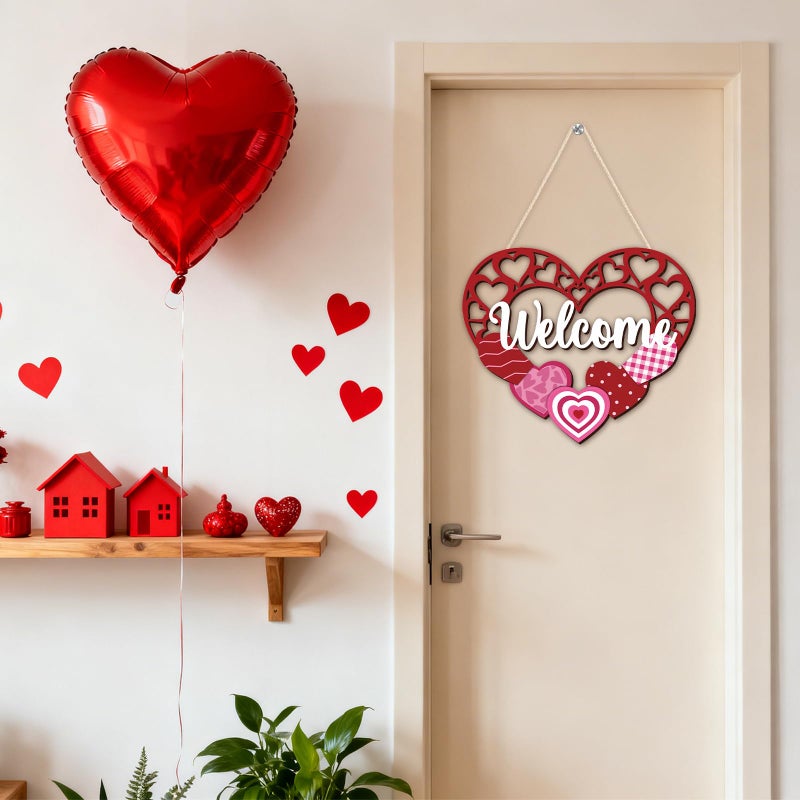 Yewfold Valentines Day Welcome Door Sign, Wooden Love Red Pink Heart Valentines Day Decor, Valentines Wreath for Valentine Day Tree, Door, Wall, Party Supplies (Hollow Heart) - Image 5