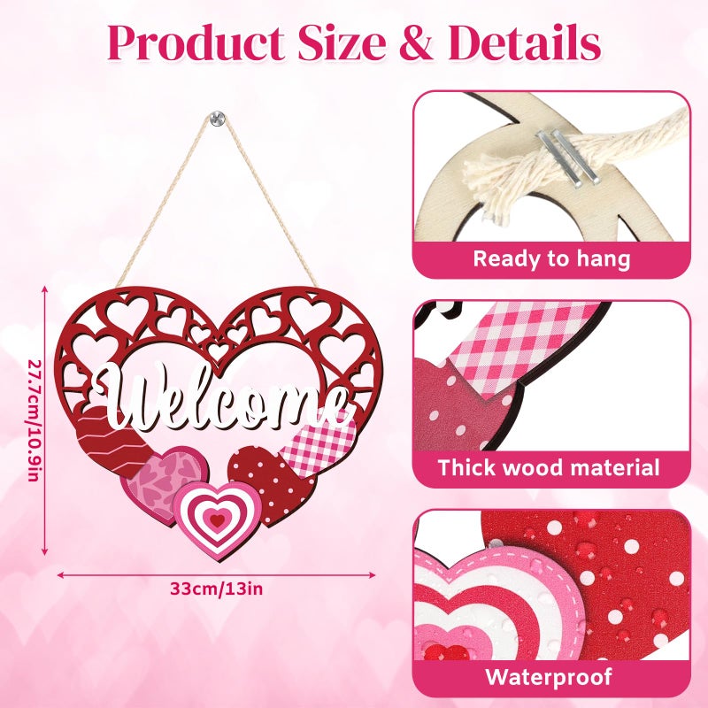 Yewfold Valentines Day Welcome Door Sign, Wooden Love Red Pink Heart Valentines Day Decor, Valentines Wreath for Valentine Day Tree, Door, Wall, Party Supplies (Hollow Heart) - Image 2