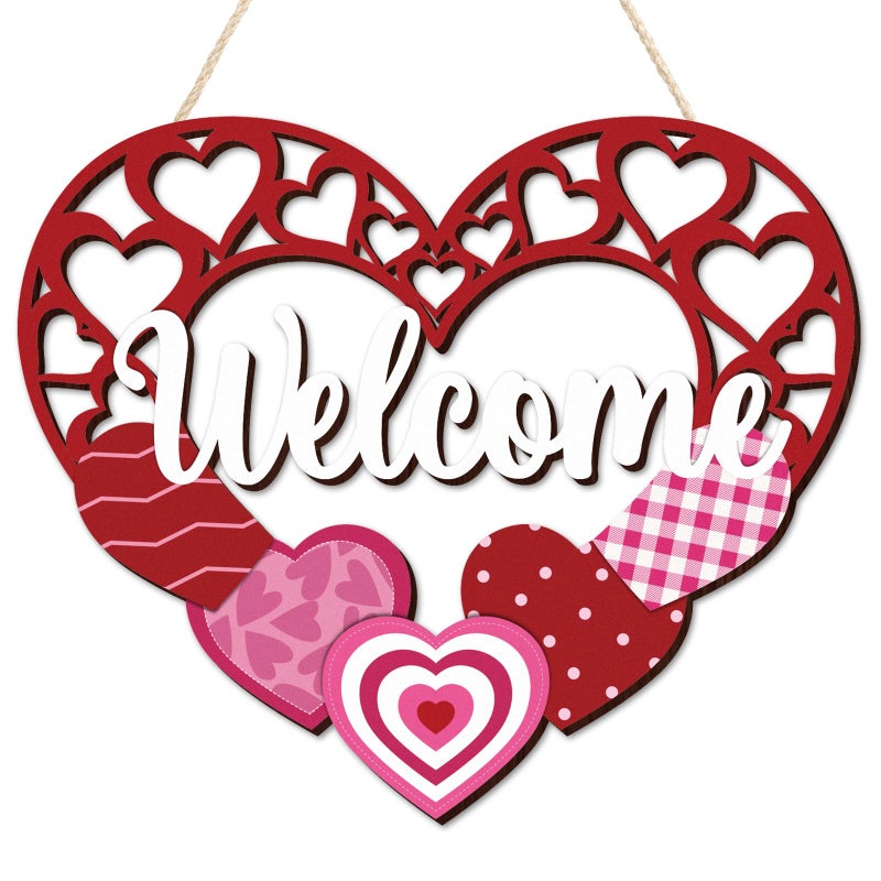 Yewfold Valentines Day Welcome Door Sign, Wooden Love Red Pink Heart Valentines Day Decor, Valentines Wreath for Valentine Day Tree, Door, Wall, Party Supplies (Hollow Heart) - Image 1