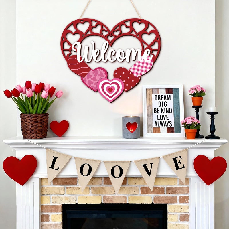 Yewfold Valentines Day Welcome Door Sign, Wooden Love Red Pink Heart Valentines Day Decor, Valentines Wreath for Valentine Day Tree, Door, Wall, Party Supplies (Hollow Heart) - Image 4