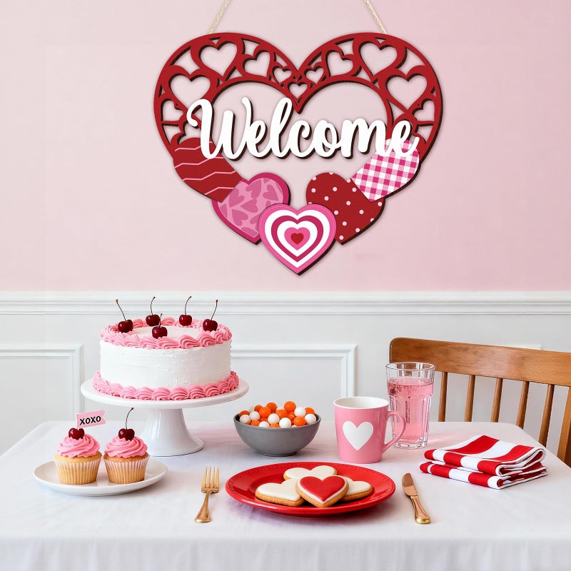 Yewfold Valentines Day Welcome Door Sign, Wooden Love Red Pink Heart Valentines Day Decor, Valentines Wreath for Valentine Day Tree, Door, Wall, Party Supplies (Hollow Heart) - Image 3