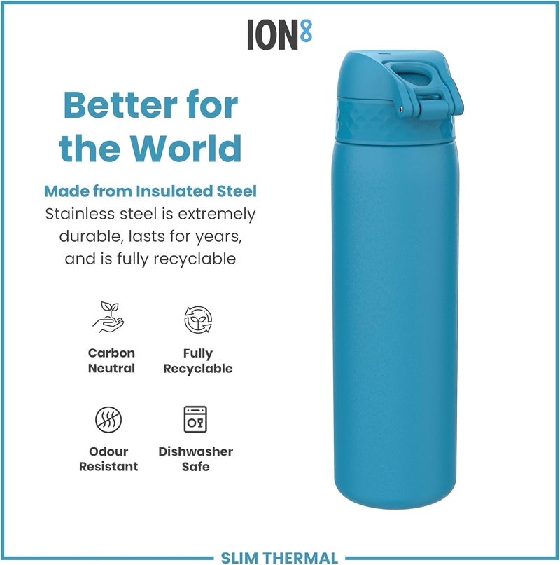 ion8 Insulated Steel Water Bottle, 320 ml/11 oz, Leak Proof, Easy to Open, Secure Lock, Dishwasher Safe, Carry Handle, Hygienic Flip Cover, Metal Water Bottle, Durable Stainless Steel, Blue - Image 4