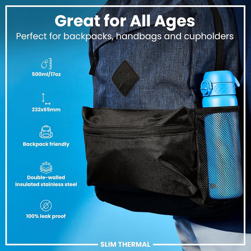 ion8 Insulated Steel Water Bottle, 320 ml/11 oz, Leak Proof, Easy to Open, Secure Lock, Dishwasher Safe, Carry Handle, Hygienic Flip Cover, Metal Water Bottle, Durable Stainless Steel, Blue - Image 1