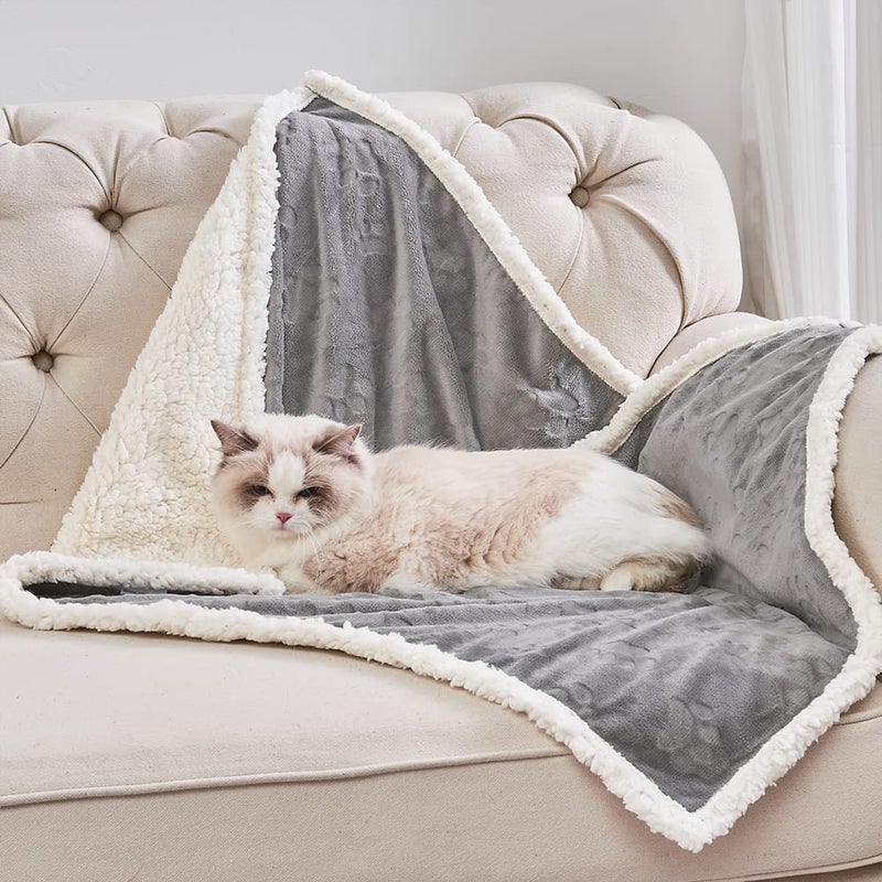 Qeils Pet Blankets for Cats Waterproof Cat Blanket Washable Sherpa Fleece Puppy Blanket Soft Plush Reversible Throw Protector for Bed Couch Car Sofa 25X30 Grey