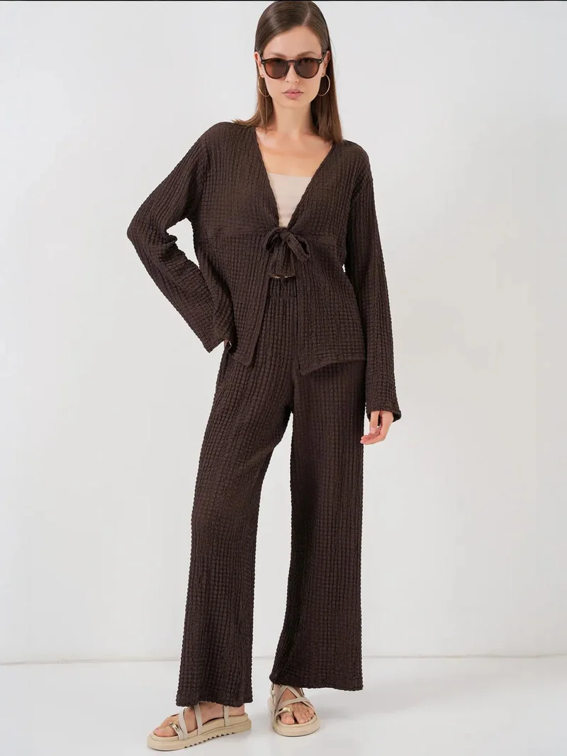 BDART Textured V-Neck Long Sleeve Top & Flare Pants Two-Piece Set