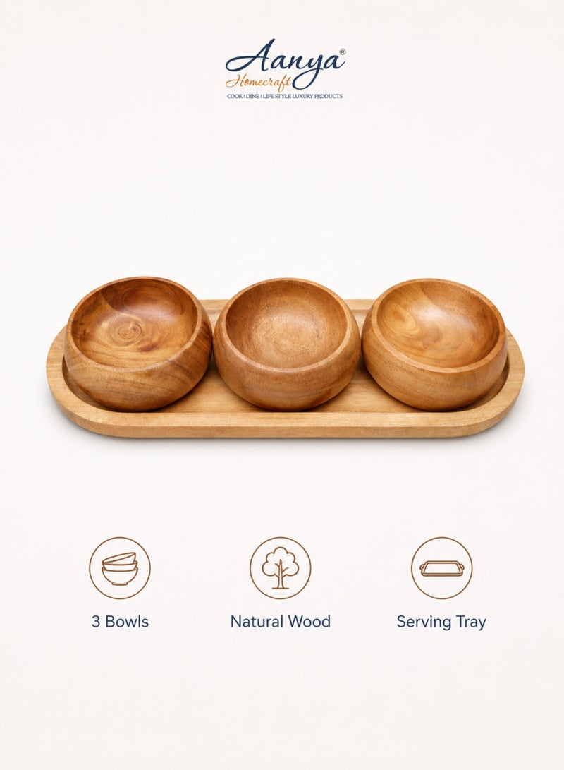 Aanya Homecraft Premium Wood 3-Bowl Serving Set with Rectangular Tray, size 20x25x28cm – Handcrafted Snack, Dip & Condiment Server for Dining, Hosting & Gifting, Natural Brown - Image 4