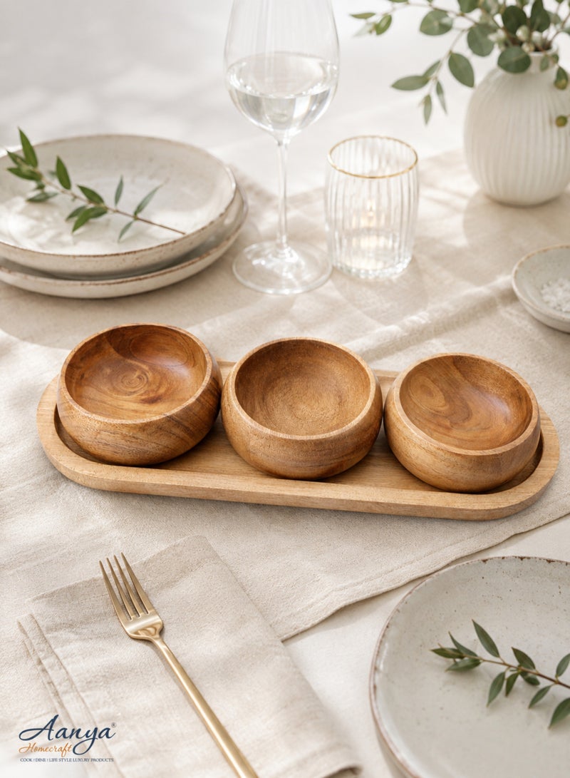 Aanya Homecraft Premium Wood 3-Bowl Serving Set with Rectangular Tray, size 20x25x28cm – Handcrafted Snack, Dip & Condiment Server for Dining, Hosting & Gifting, Natural Brown - Image 3