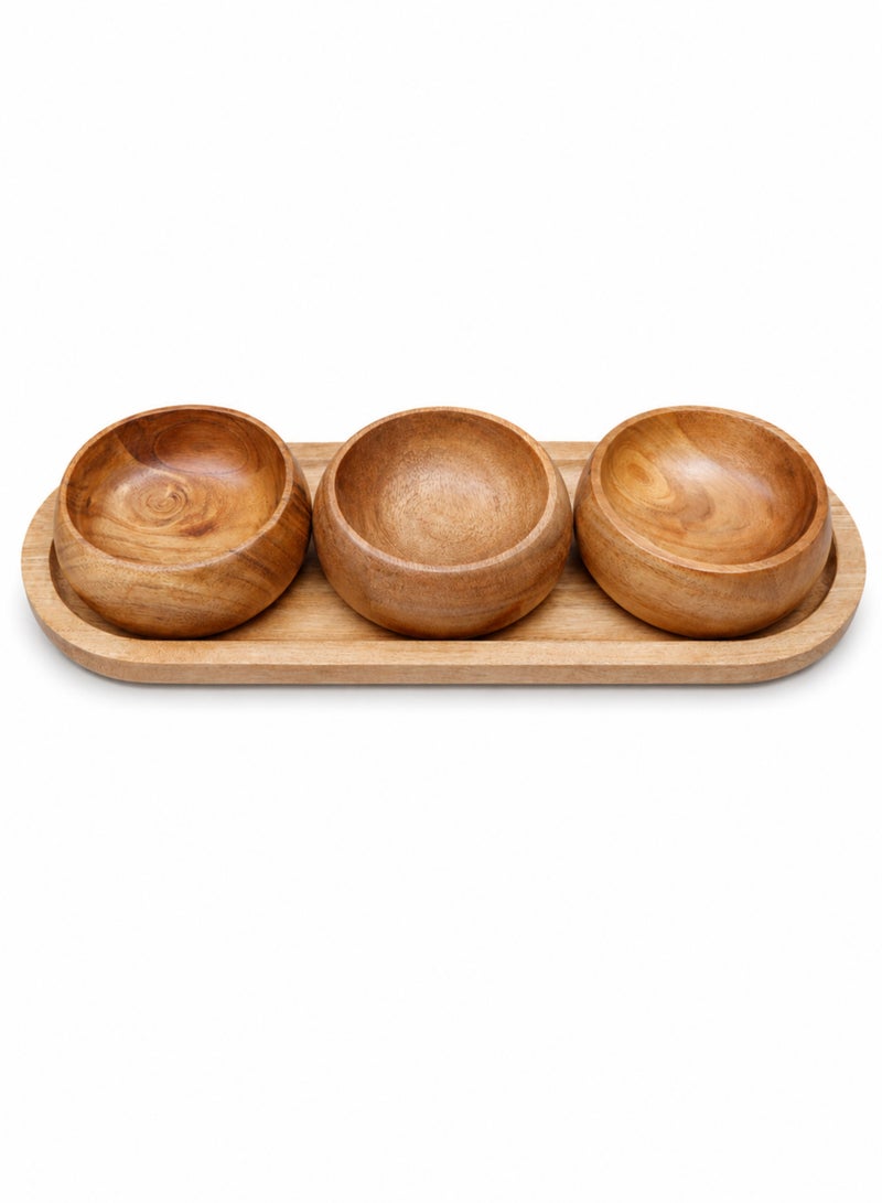 Aanya Homecraft Premium Wood 3-Bowl Serving Set with Rectangular Tray, size 20x25x28cm – Handcrafted Snack, Dip & Condiment Server for Dining, Hosting & Gifting, Natural Brown - Image 1