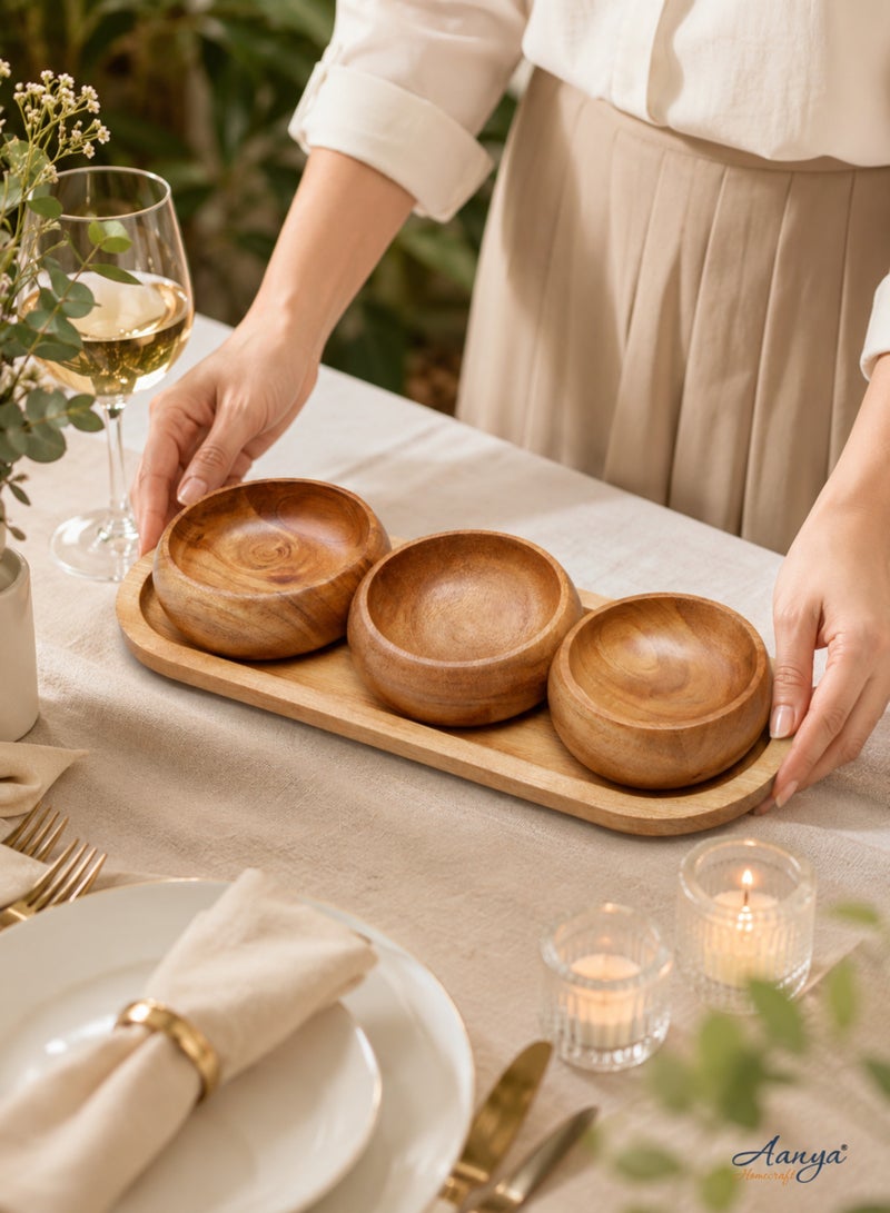 Aanya Homecraft Premium Wood 3-Bowl Serving Set with Rectangular Tray, size 20x25x28cm – Handcrafted Snack, Dip & Condiment Server for Dining, Hosting & Gifting, Natural Brown - Image 5