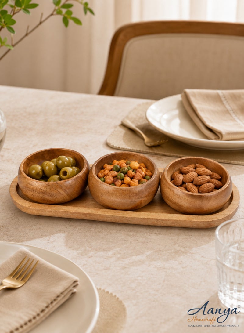 Aanya Homecraft Premium Wood 3-Bowl Serving Set with Rectangular Tray, size 20x25x28cm – Handcrafted Snack, Dip & Condiment Server for Dining, Hosting & Gifting, Natural Brown - Image 2