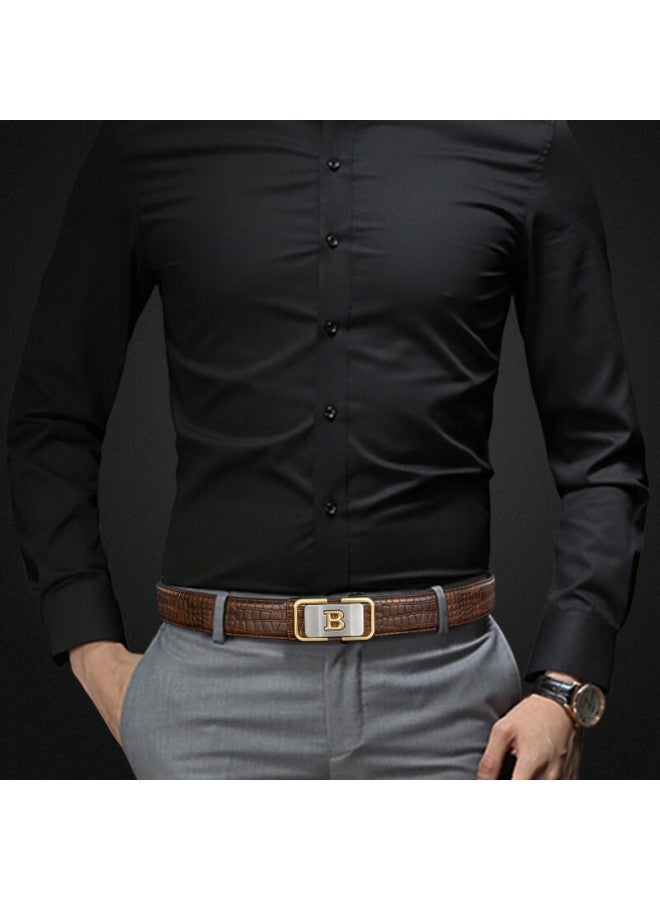 Cow Leather Belt For Men With Automatic Buckle, Gift Box, Business Casual Light Luxury Crocodile Pattern Trouser Belt, Gift 1002 Coffee Color - Image 2