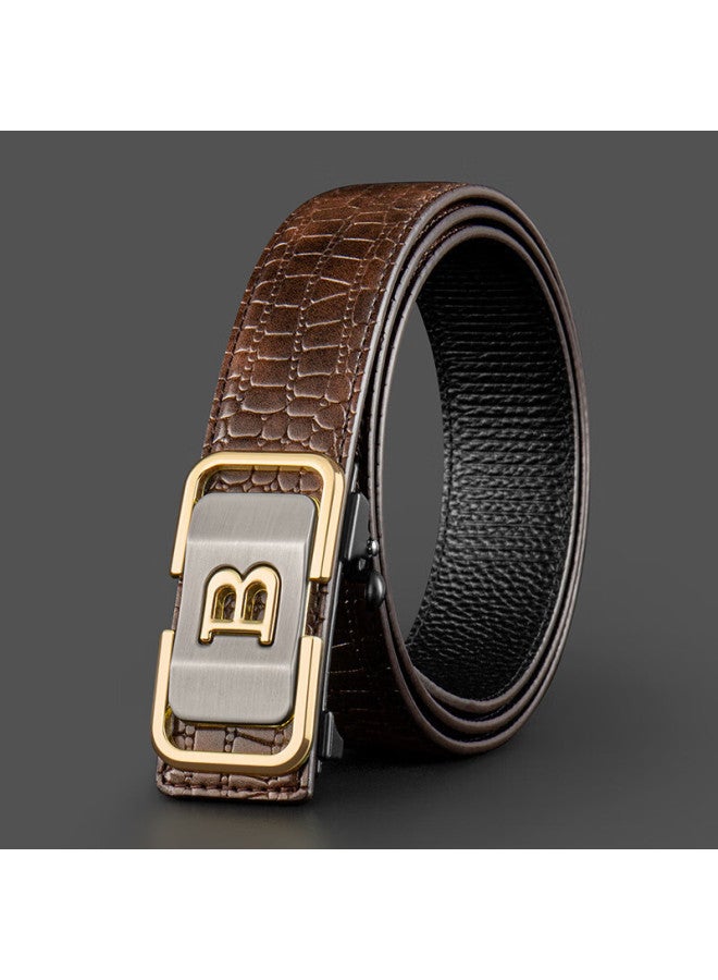 Cow Leather Belt For Men With Automatic Buckle, Gift Box, Business Casual Light Luxury Crocodile Pattern Trouser Belt, Gift 1002 Coffee Color - Image 1