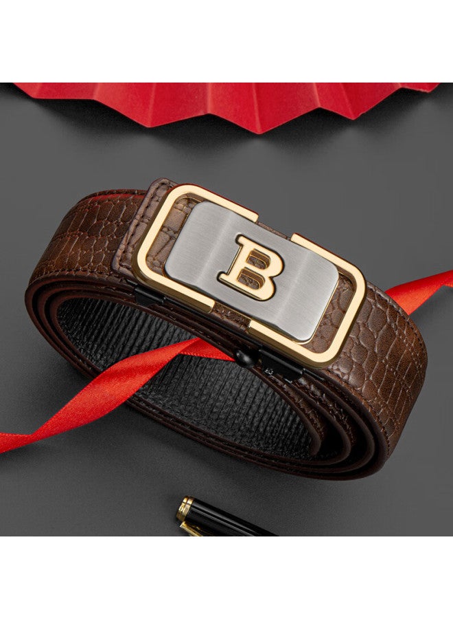 Cow Leather Belt For Men With Automatic Buckle, Gift Box, Business Casual Light Luxury Crocodile Pattern Trouser Belt, Gift 1002 Coffee Color - Image 3