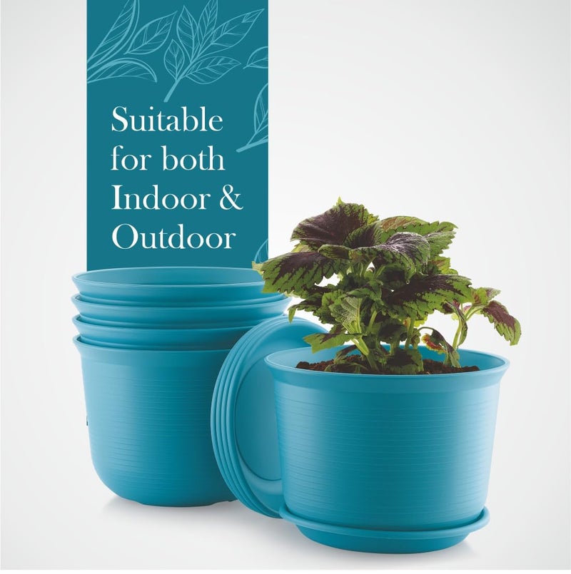 INKULTURE 10 Inch Plastic Round Flower Pots with Tray for Home Planters, Terrace, Garden Etc | Pack of 05 | Peacock | for Home Indoor & Outdoor Gardening Plants - Image 3