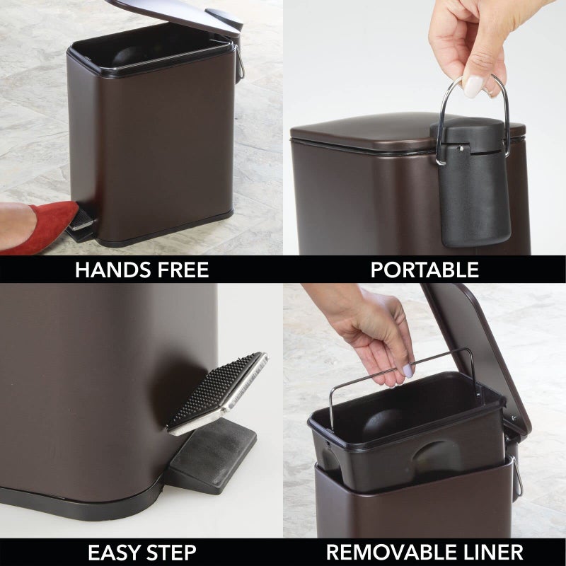 mDesign Rectangular Pedal Bin â€“ 5 L Metal Waste Bin with Pedal, Lid and Plastic Bucket Insert â€“ Household Rubbish Bin for Bathroom, Kitchen and Office â€“ Bronze - Image 5