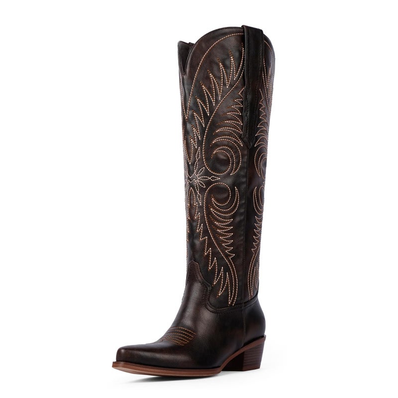 Modatope Chocolate Brown Cowgirl Boots for Women Knee High Chocolate Brown Western Boots Embroidered Cowboy Boot Pointed Toe Chunky Heel Wide Calf Tall Boots Size 9 - Image 1