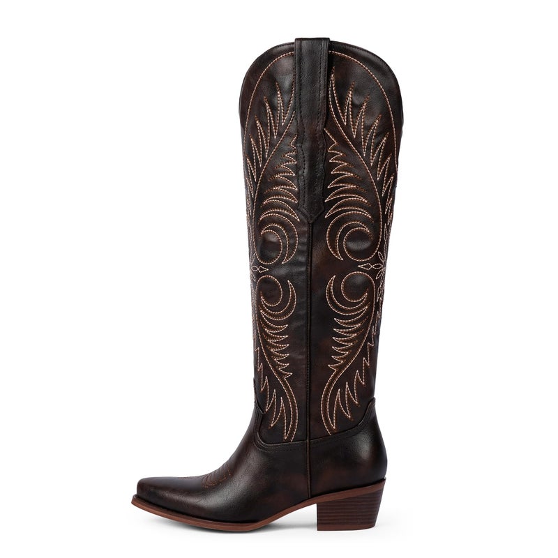 Modatope Chocolate Brown Cowgirl Boots for Women Knee High Chocolate Brown Western Boots Embroidered Cowboy Boot Pointed Toe Chunky Heel Wide Calf Tall Boots Size 9 - Image 4