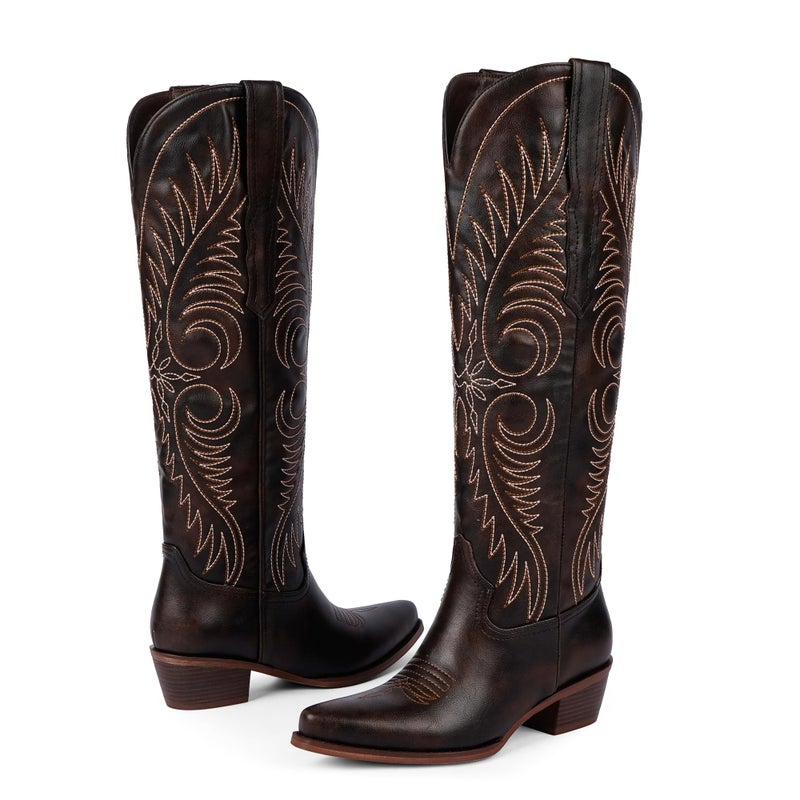 Modatope Chocolate Brown Cowgirl Boots for Women Knee High Chocolate Brown Western Boots Embroidered Cowboy Boot Pointed Toe Chunky Heel Wide Calf Tall Boots Size 9 - Image 5