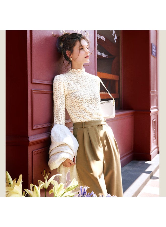 Olrain Eurielle Women's Semi-turtleneck Long Sleeve Lace Top Autumn Slim Fit Shirt Beige S - Image 1