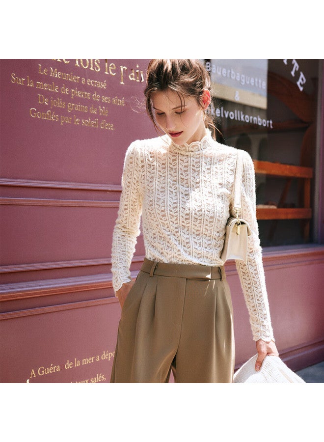 Olrain Eurielle Women's Semi-turtleneck Long Sleeve Lace Top Autumn Slim Fit Shirt Beige S - Image 2