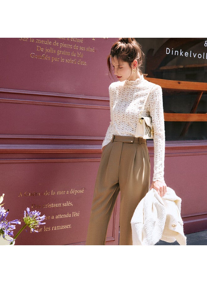 Olrain Eurielle Women's Semi-turtleneck Long Sleeve Lace Top Autumn Slim Fit Shirt Beige S - Image 3