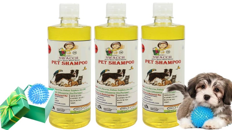 swacch Shampoo | Puppy Safe Shampoo | PH Balanced | Ditch to Itch for Pet Shampoo 500ml Pack of 3 (Lemon) + Spike Ball Chew Toy Combo Pack - Image 1