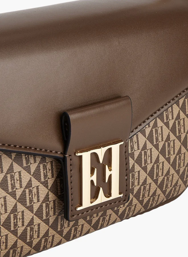 ELLE Monogram Print Crossbody Bag with Adjustable Strap and Flap Closure