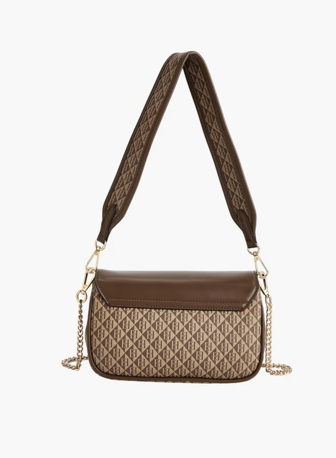ELLE Monogram Print Crossbody Bag with Adjustable Strap and Flap Closure