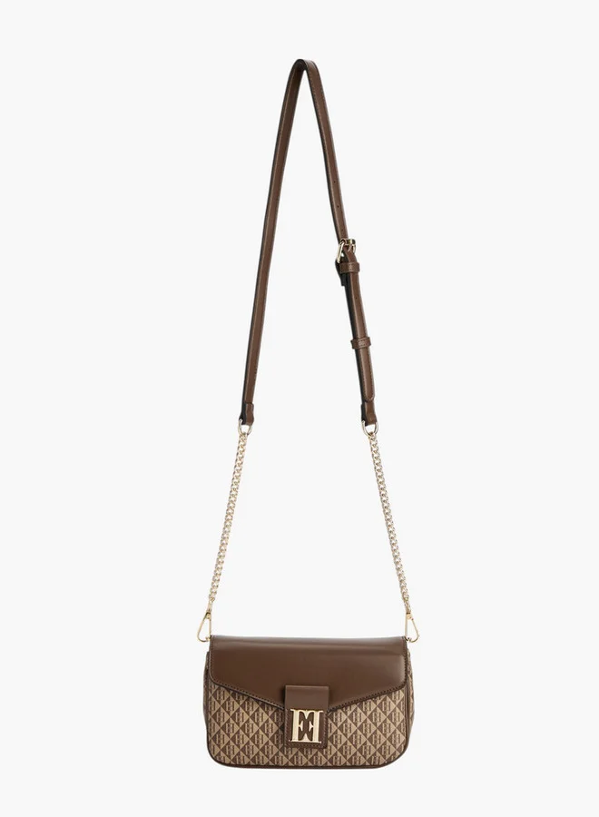 ELLE Monogram Print Crossbody Bag with Adjustable Strap and Flap Closure