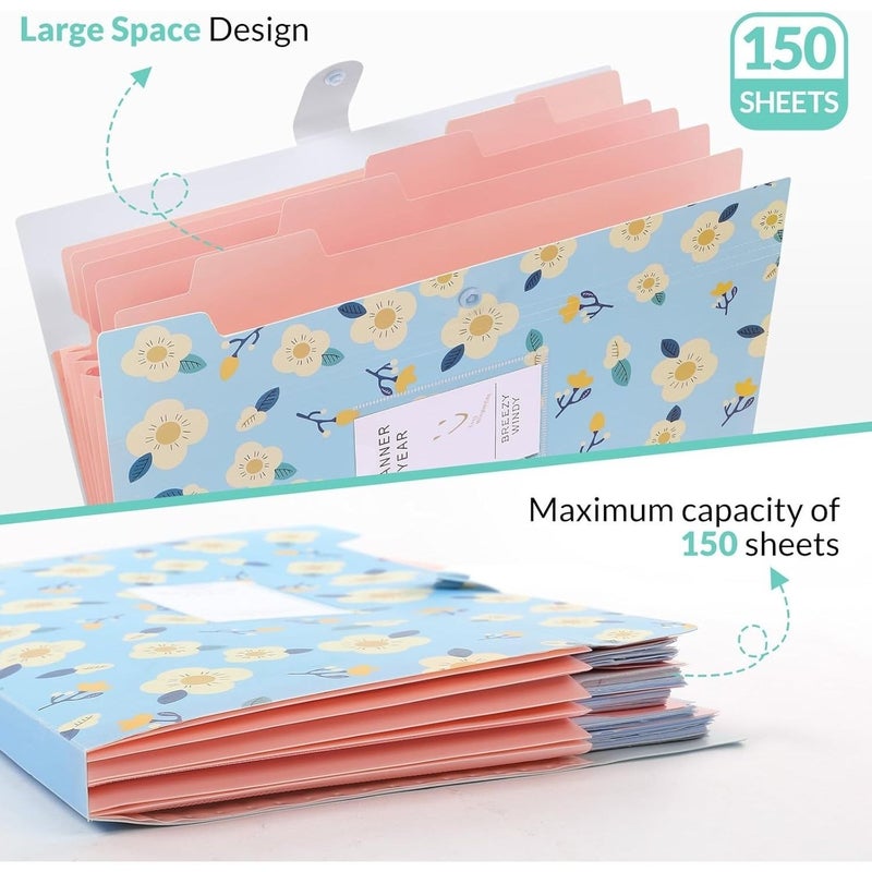 Floral Accordion Style Folder A4 Size Large Capacity 6 Compartments Yellow With 3 Pens - Image 4