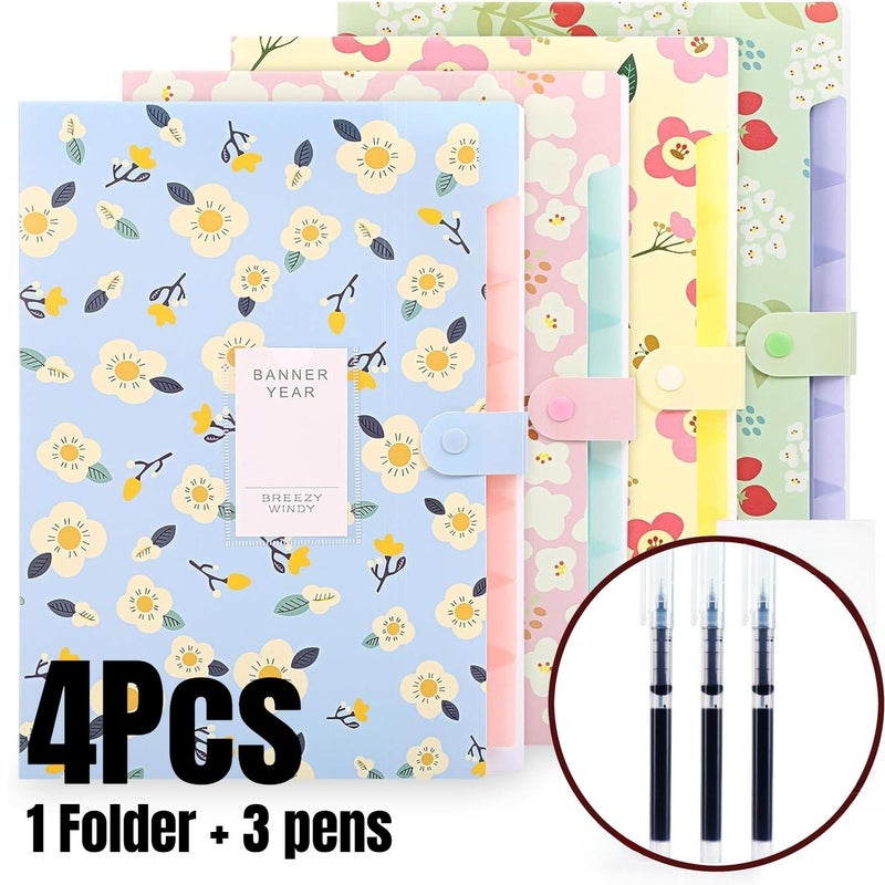 Floral Accordion Style Folder A4 Size Large Capacity 6 Compartments Yellow With 3 Pens - Image 1
