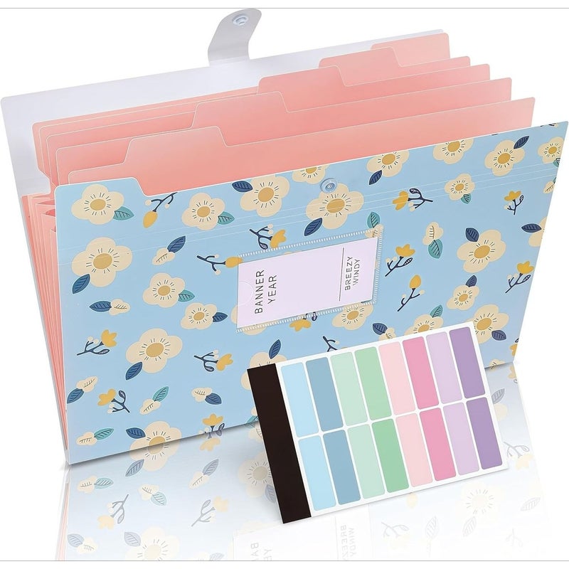 Floral Accordion Style Folder A4 Size Large Capacity 6 Compartments Yellow With 3 Pens - Image 2