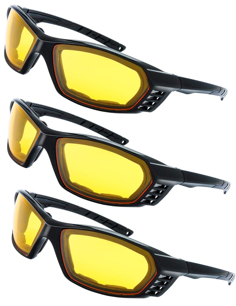 The Fresh Motorcycle Riding Glasses Padded Frame Lens Block 100% UVB for Outdoor Activity Sport (27-Black, 3 Pairs of Yellow) - Image 1
