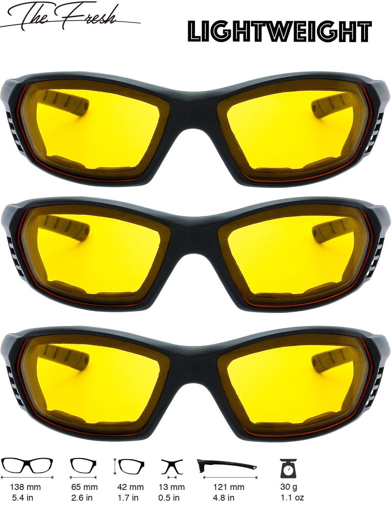 The Fresh Motorcycle Riding Glasses Padded Frame Lens Block 100% UVB for Outdoor Activity Sport (27-Black, 3 Pairs of Yellow) - Image 2