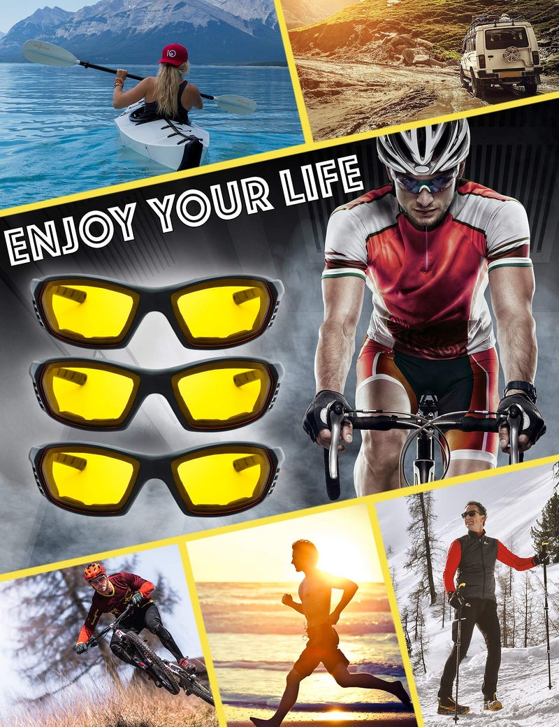 The Fresh Motorcycle Riding Glasses Padded Frame Lens Block 100% UVB for Outdoor Activity Sport (27-Black, 3 Pairs of Yellow) - Image 3