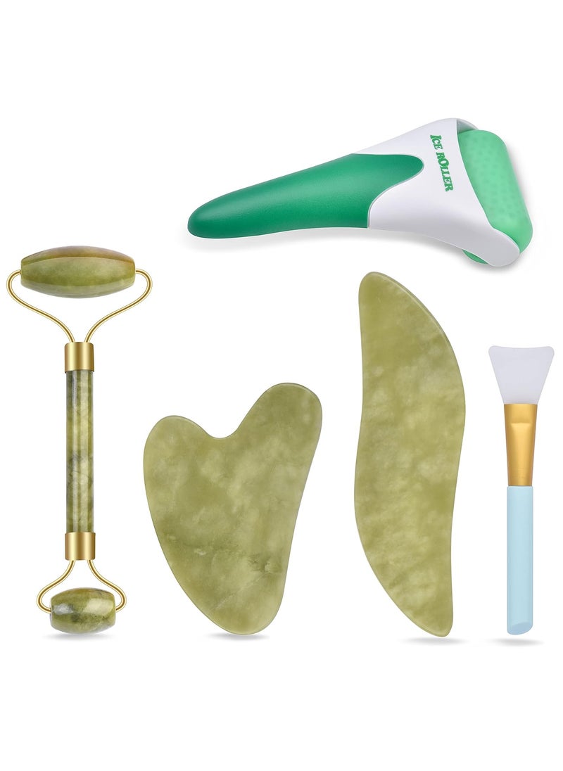 Charmonic 6 in 1 Ice Roller & Jade Roller and Gua Sha Set, Facial Massage Kits, Facial Roller Kit with Gua Sha Tool and Silicone Brush, Anti-Aging Jade Stone Massager for Face, Eyes, Neck Massage 